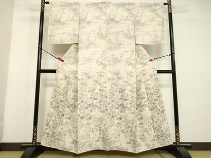 平和屋着物●訪問着 紬地 手描き 草花文 金彩 正絹 逸品 DAAU0880tw
