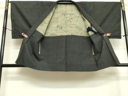 平和屋着物●男性 紬 アンサンブル 十字絣 黒地 正絹 逸品 DAAU0930tw