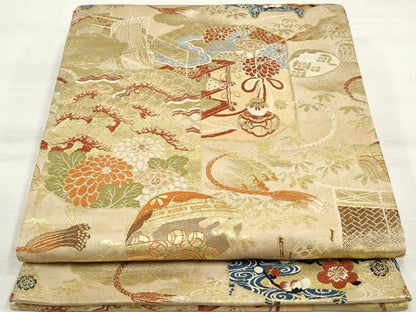 平和屋着物◎全通柄袋帯 吉祥枝梅文 金糸 正絹 逸品 DAAU1030qa