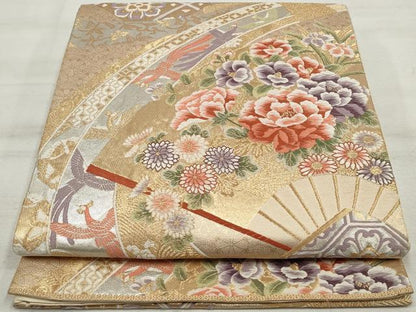 平和屋着物◎六通柄袋帯　唐織　扇面鳳凰花文　金銀糸　正絹　逸品　DAAU1100qa