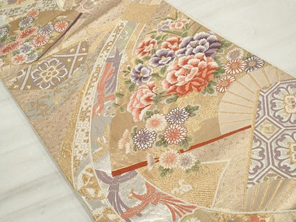 平和屋着物◎六通柄袋帯　唐織　扇面鳳凰花文　金銀糸　正絹　逸品　DAAU1100qa