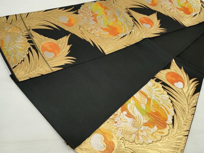 平和屋着物◎六通柄袋帯 鳳凰 黒地 金銀糸 正絹 逸品 DAAU1110qa