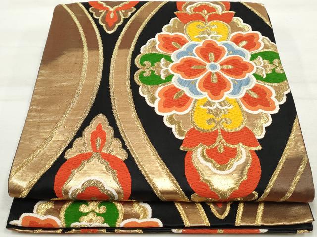 平和屋着物◎六通柄袋帯　唐織　立涌正倉院花文　黒地　金糸　正絹　逸品　DAAU1112qa