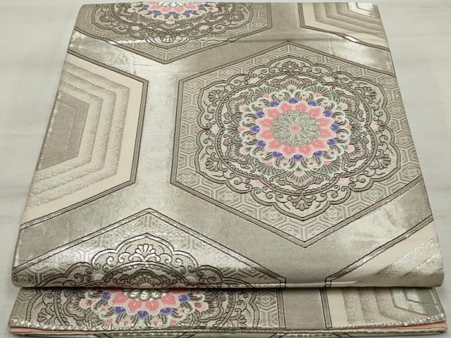 平和屋着物◎六通柄袋帯　唐織　亀甲正倉院花文　銀糸　正絹　逸品　DAAU1119qa