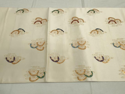 平和屋着物◎太鼓柄袋帯 唐織 あけぼの繭 源氏車文 金糸 正絹 逸品 DAAU1248qa
