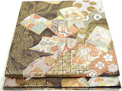 平和屋着物◎六通柄袋帯 道長謡本散 金糸 正絹 逸品 DAAU1304qa