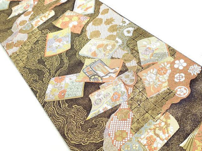 平和屋着物◎六通柄袋帯 道長謡本散 金糸 正絹 逸品 DAAU1304qa
