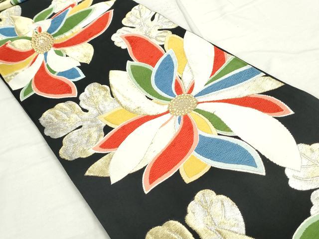 平和屋着物◎六通柄袋帯 唐織 舞花文 黒地 金糸 正絹 逸品 DAAU1346qa