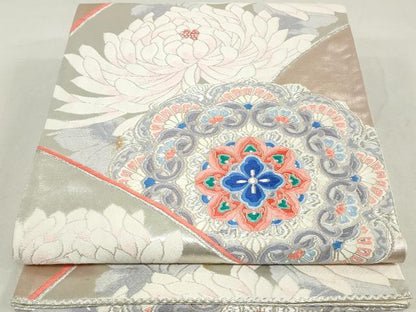 平和屋着物◎六通柄袋帯 唐織 正倉院花文 乱菊 銀糸 正絹 逸品 DAAU1358qa