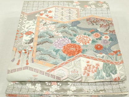 平和屋着物◎六通柄袋帯 唐織 流水花松文 屏風 銀糸 正絹 逸品 DAAU1366qa