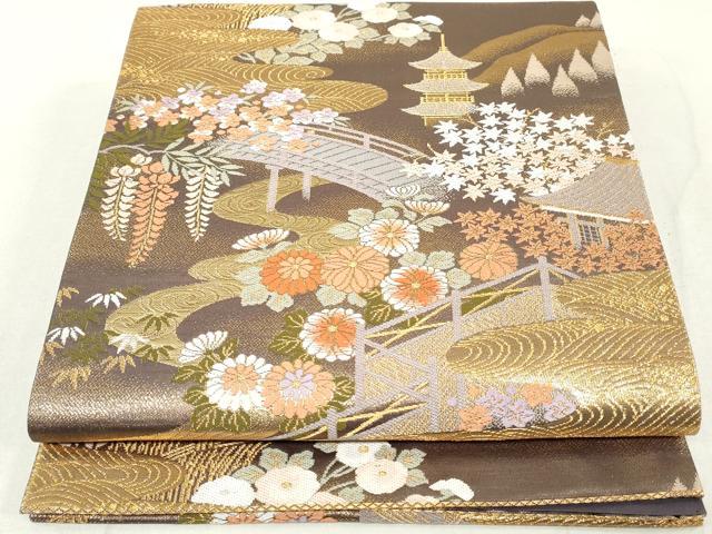平和屋着物◎六通柄袋帯 唐織 風景流水花文 松竹梅 金糸 正絹 逸品 DAAU1369qa