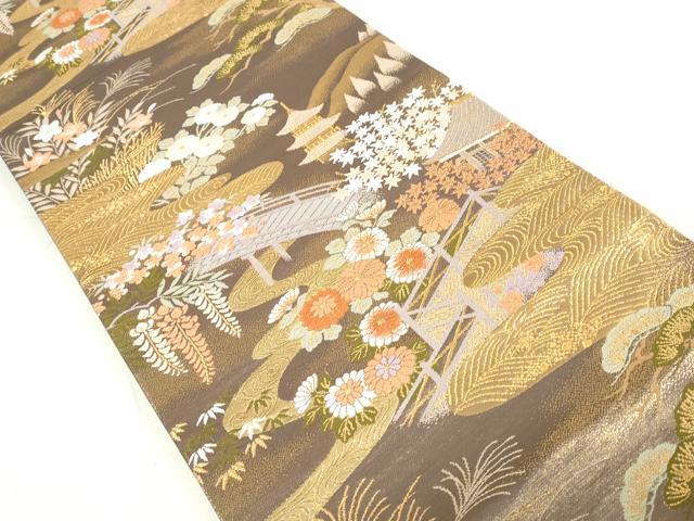 平和屋着物◎六通柄袋帯 唐織 風景流水花文 松竹梅 金糸 正絹 逸品 DAAU1369qa