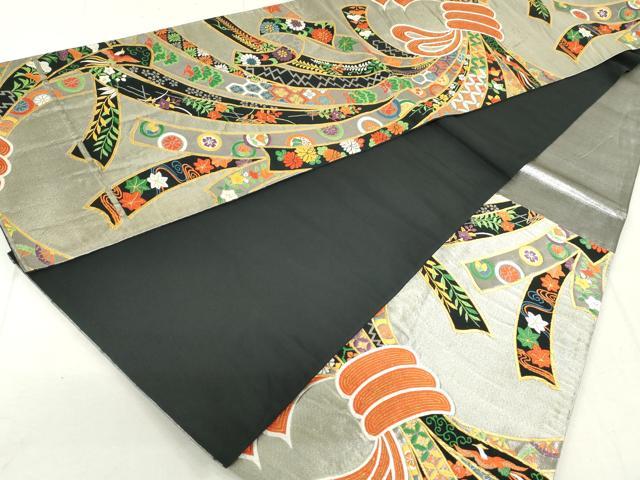 平和屋着物◎六通柄袋帯 唐織 吉祥束ね熨斗花文 黒地 金銀糸 正絹 逸品 DAAU1385qa