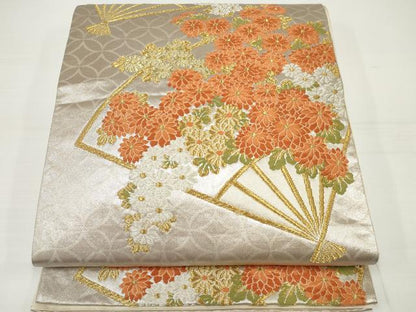 平和屋着物◎六通柄袋帯　唐織　扇面菊文　金銀糸　正絹　逸品　DAAU1574xg