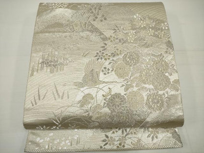 平和屋着物◎六通柄袋帯 飛鶴流水花文 プラチナ箔 正絹 逸品 DAAU1584xg