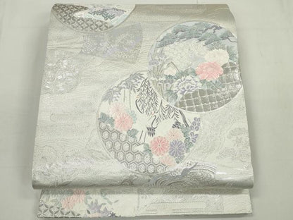 平和屋着物◎六通柄袋帯 唐織 九百錦 群れ鶴花丸文 プラチナ箔 正絹 逸品 DAAU1676xg