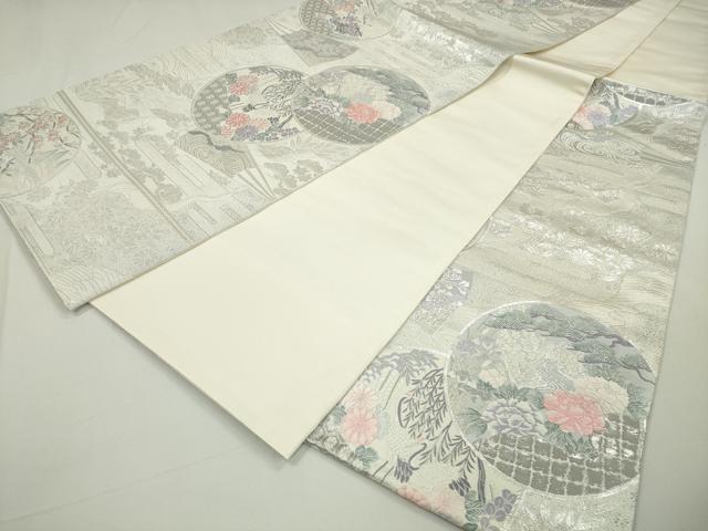 平和屋着物◎六通柄袋帯 唐織 九百錦 群れ鶴花丸文 プラチナ箔 正絹 逸品 DAAU1676xg