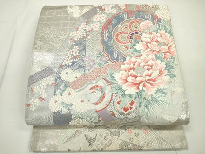 平和屋着物◎六通柄袋帯 唐織 飛鶴吉祥花文 プラチナ箔 正絹 逸品 DAAU1686xg