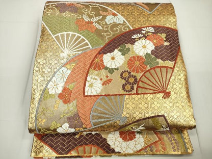 平和屋着物◎佐賀錦 六通柄袋帯 唐織 扇面花文 金糸 正絹 逸品 DAAU1693xg