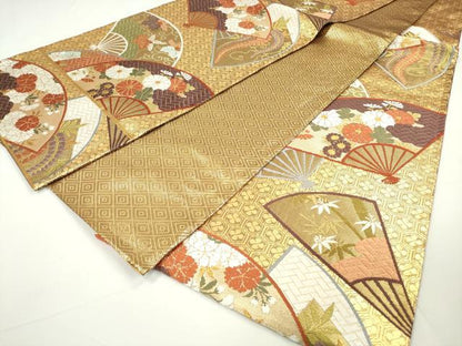 平和屋着物◎佐賀錦 六通柄袋帯 唐織 扇面花文 金糸 正絹 逸品 DAAU1693xg