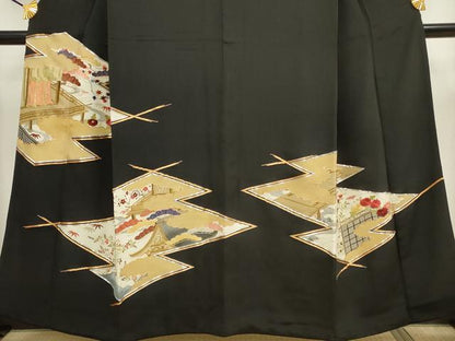 平和屋着物■豪華黒留袖　駒刺繍　松川菱風景文　金彩　正絹　逸品　DAAU1812xg