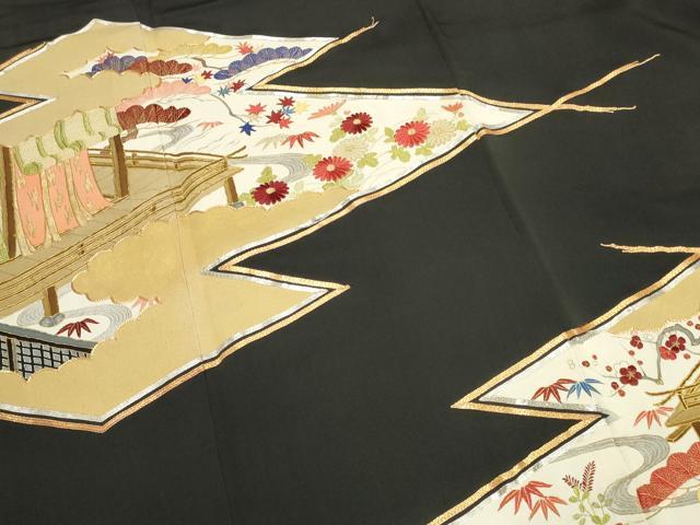 平和屋着物■豪華黒留袖　駒刺繍　松川菱風景文　金彩　正絹　逸品　DAAU1812xg