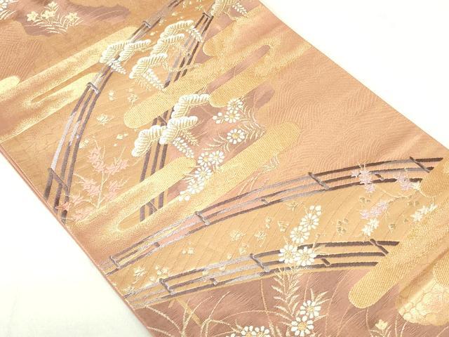 平和屋着物◎六通柄袋帯　唐織　渡橋花文　金糸　正絹　逸品　DAAU1834xg
