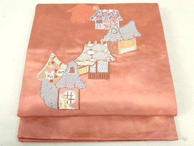 平和屋着物◎太鼓柄袋帯 刺繍 風景文 正絹 逸品 DAAU1849xg
