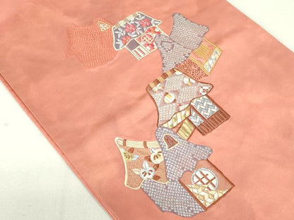 平和屋着物◎太鼓柄袋帯 刺繍 風景文 正絹 逸品 DAAU1849xg