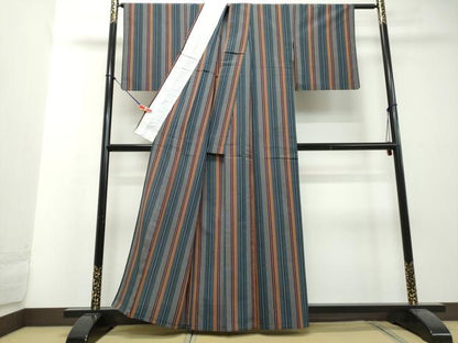 平和屋着物▽上質な紬 単衣 縞 正絹 逸品 DAAU2232ud