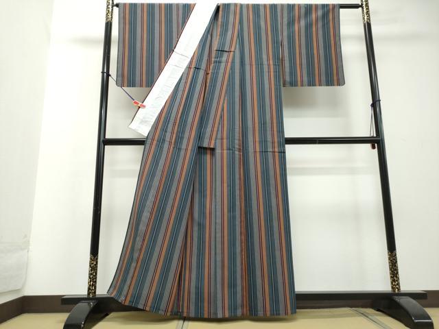 平和屋着物▽上質な紬 単衣 縞 正絹 逸品 DAAU2232ud