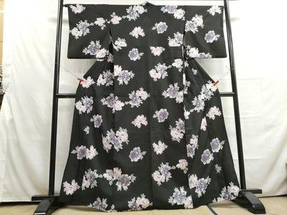 平和屋着物▽小紋 単衣 舞花文 黒地 洗える着物 DAAU2657ud