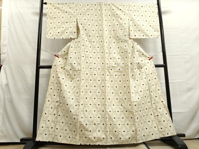 平和屋着物▽上質な紬　単衣　幾何学文様　正絹　逸品　DAAU2660ud