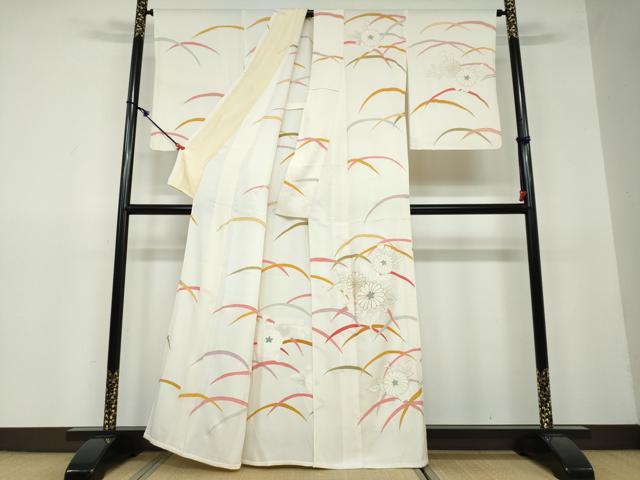 平和屋着物▽訪問着　単衣　駒刺繍　草花文　金彩　正絹　逸品　DAAU2836ud