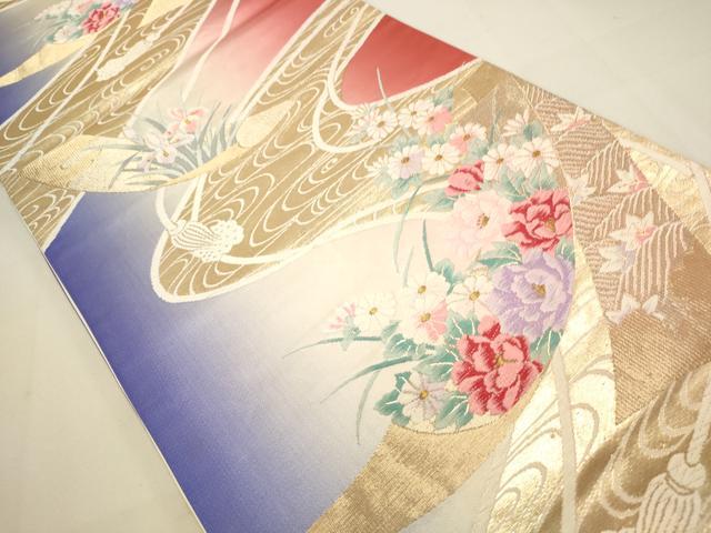 平和屋着物◎六通柄袋帯 唐織 流水花文 金糸 正絹 逸品 DAAU3058op