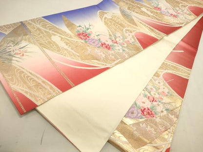 平和屋着物◎六通柄袋帯 唐織 流水花文 金糸 正絹 逸品 DAAU3058op