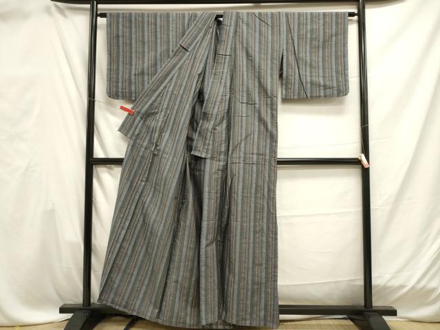 平和屋着物▽上質な紬 単衣 縞 正絹 逸品 DAAU3447op