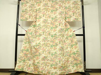 平和屋着物▽上質な紬 単衣 草花文 正絹 逸品 DAAU3973du