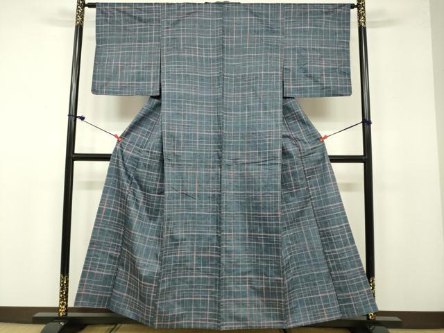 平和屋着物▽上質な紬 単衣 格子 正絹 逸品 未使用 DAAU3984du