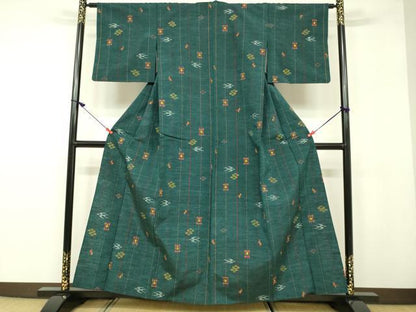 平和屋着物▽上質な紬　単衣　琉球絣文様　正絹　逸品　DAAU3987du
