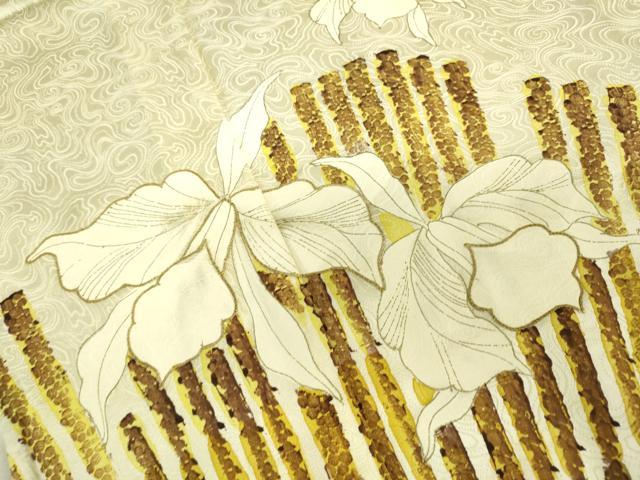 平和屋着物▽訪問着 単衣 駒刺繍 カトレア 金彩 正絹 逸品 DAAU3992du