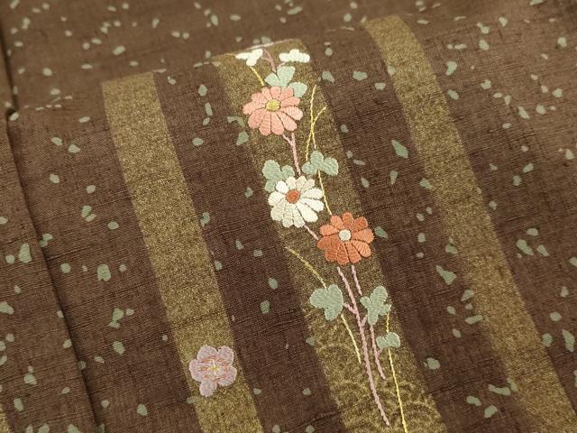 平和屋着物▽訪問着 単衣 紬地 刺繍 草花間道 金糸 正絹 逸品 DAAU3993du