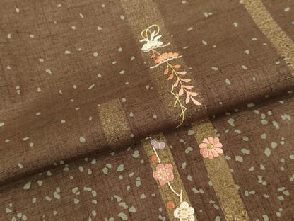 平和屋着物▽訪問着 単衣 紬地 刺繍 草花間道 金糸 正絹 逸品 DAAU3993du