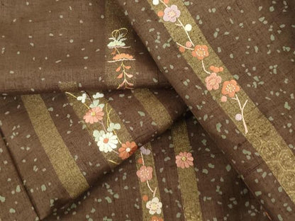 平和屋着物▽訪問着 単衣 紬地 刺繍 草花間道 金糸 正絹 逸品 DAAU3993du