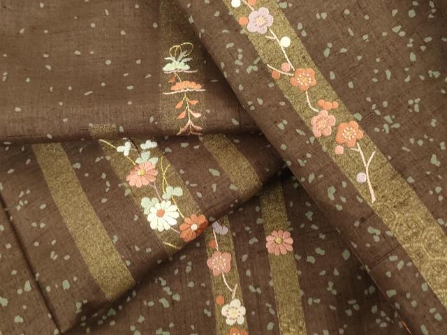 平和屋着物▽訪問着 単衣 紬地 刺繍 草花間道 金糸 正絹 逸品 DAAU3993du
