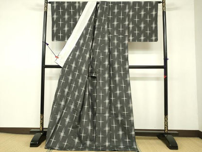 平和屋着物▽上質な紬 単衣 井桁絣 正絹 逸品 DAAU3995du