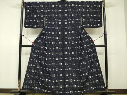 平和屋着物▽上質な紬　単衣　格子　正絹　逸品　DAAU3996du