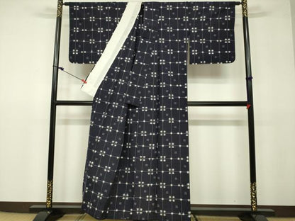 平和屋着物▽上質な紬　単衣　格子　正絹　逸品　DAAU3996du