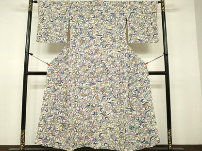 平和屋着物▽上質な小紋 単衣 型染 草花文 鬼しぼ縮緬 正絹 逸品 DAAU3997du