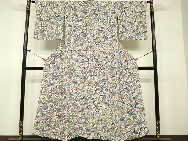 平和屋着物▽上質な小紋 単衣 型染 草花文 鬼しぼ縮緬 正絹 逸品 DAAU3997du